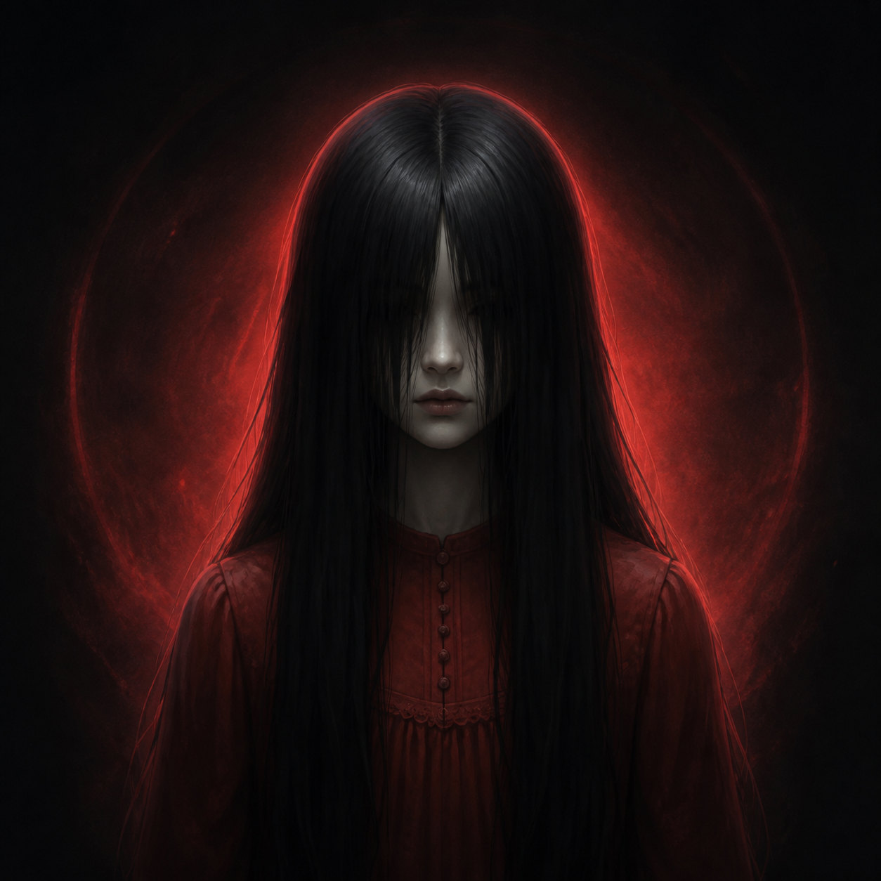 AI-created Alma portrait framed by a dark red halo